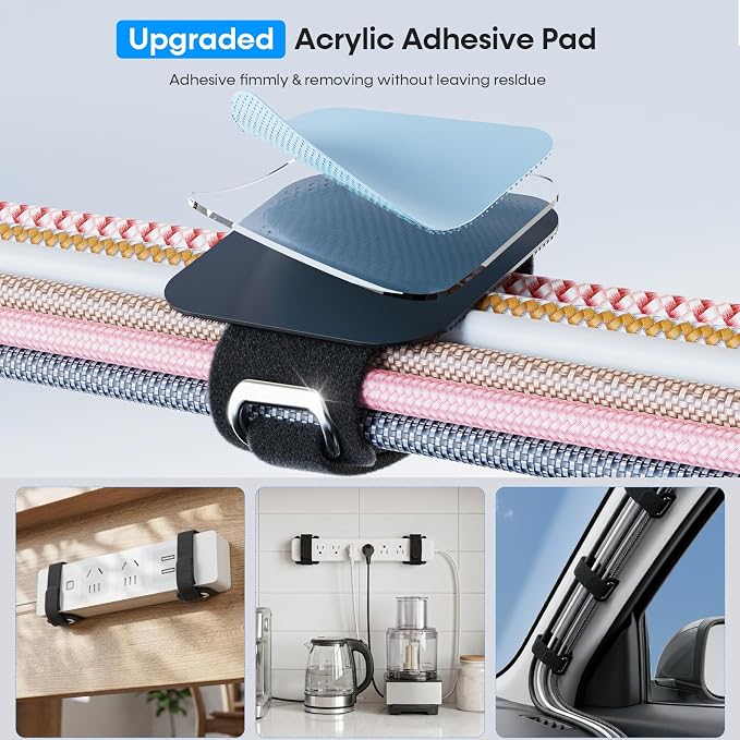 Cable Management Under Desk, Large Bundle Cord+Power Strip Organizer-8 Pair | All Power Strip Compatible, Enhanced Grip Cord Organizer, Reusable Wire Clips Hider, Home Office Essentials