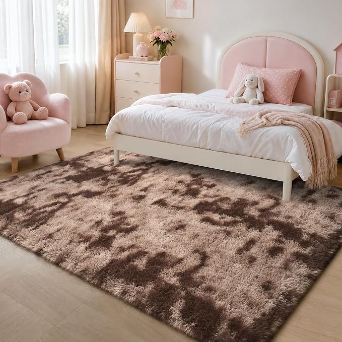 Zentavio Area Rugs for Living Room Rugs for Bedroom 4x6 Soft Carpet Fluffy Furry Shag Aesthetic Plush High Pile Gray Throw Rug for Nursery Kids Room Dorm Tie-Dyed Coffee
