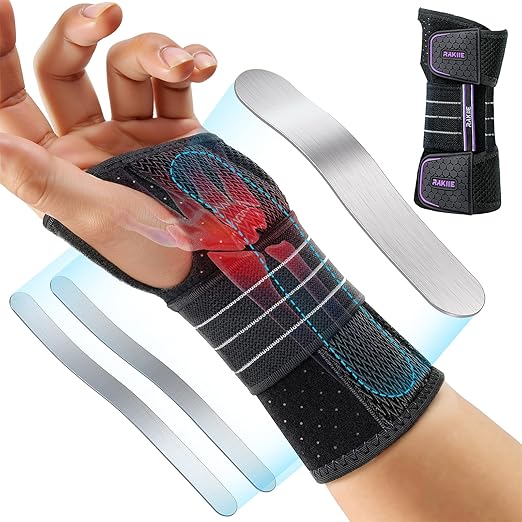 Rakiie Carpal Tunnel Wrist Brace, Adjustable Night Wrist Support with 3 Metal Splints, Hand Brace for Men Women No Pressure on Thumb, Splint Stabilizer for Work, Arthritis (Left Hand, Purple, Large)