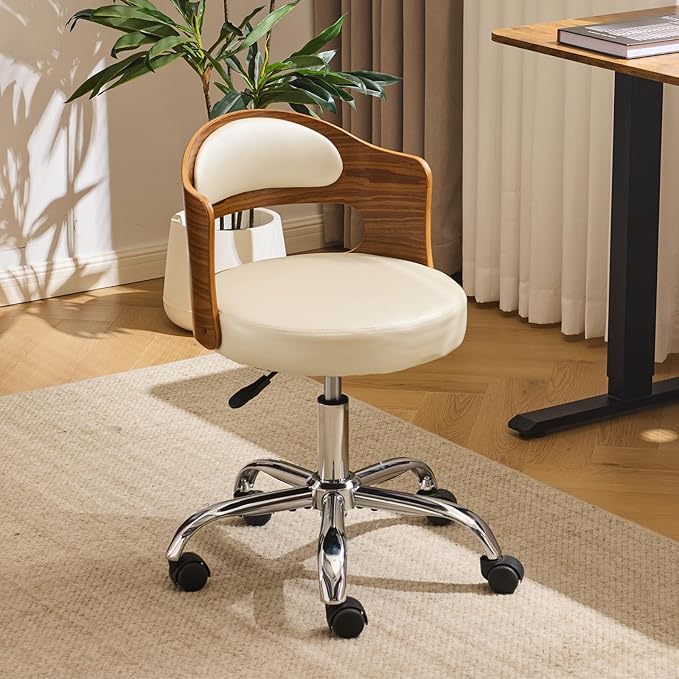 VINGLI Armless Home Office Desk Chair, Adjustable Swivel Chair,Dual-Use with/no Wheels,Small Retro Designed Walnut Curved Task Chair,Cushioned Nail Tech Chair for Study Area,Workspace,PU,Ivory White