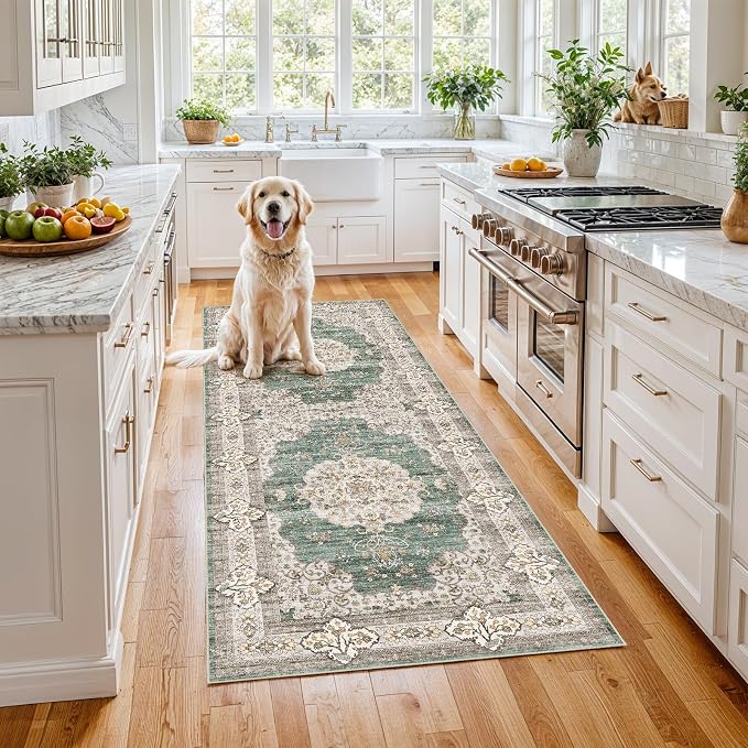 3x6 Washable Hallway Runner Rug:Oriental Indoor Kitchen Rugs Vintage Door Mat Non Slip with Rubber Backing Low Pile Thin Carpet for Bedroom Bathroom Living Room Bedside (3x6 Green/Beige)