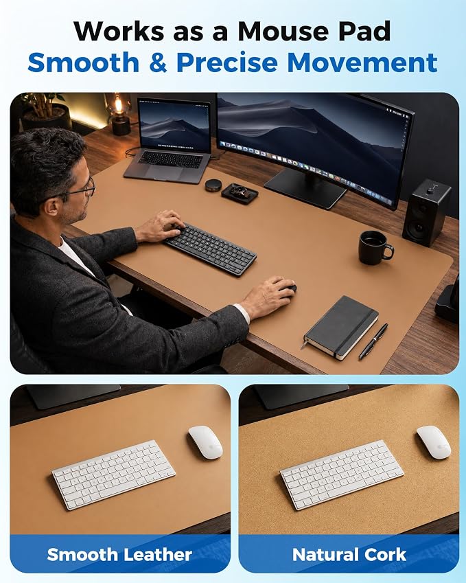 Aothia Dual-Sided Desk Pad - Leather Desk Mat, Natural Cork Desk Pad Protector, Large Mouse Pad for Desk, Waterproof Desk Blotter Pad, Desk Writing Pad for Office Work/Home, Apricot(25.6"x13.7")