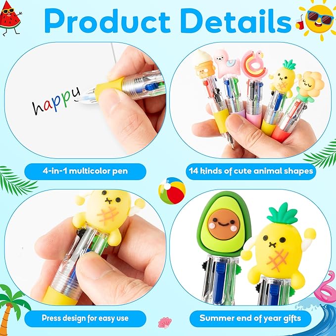 ANGOLIO End of Year Student Gifts Bulk 28 Sets Cute Summer 4 in 1 Multicolor Ballpoint Pens with Gift Cards for Summer Graduation Birthday Party Favors School Classroom Supplies Kids Students Rewards