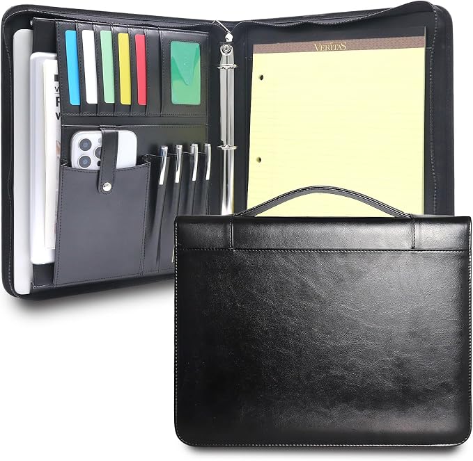 Faux Leather Portfolio with Handle – 3-Ring Padfolio Organizer for 13.9" Laptop/Tablet, A4 Legal Pad Holder, Multi-Pocket Business Folder for Work, Office & Meetings & Daily Commute (Black)