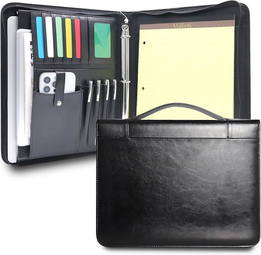 Faux Leather Portfolio with Handle – 3-Ring Padfolio Organizer for 13.9" Laptop/Tablet, A4 Legal Pad Holder, Multi-Pocket Business Folder for Work, Office & Meetings & Daily Commute (Black)