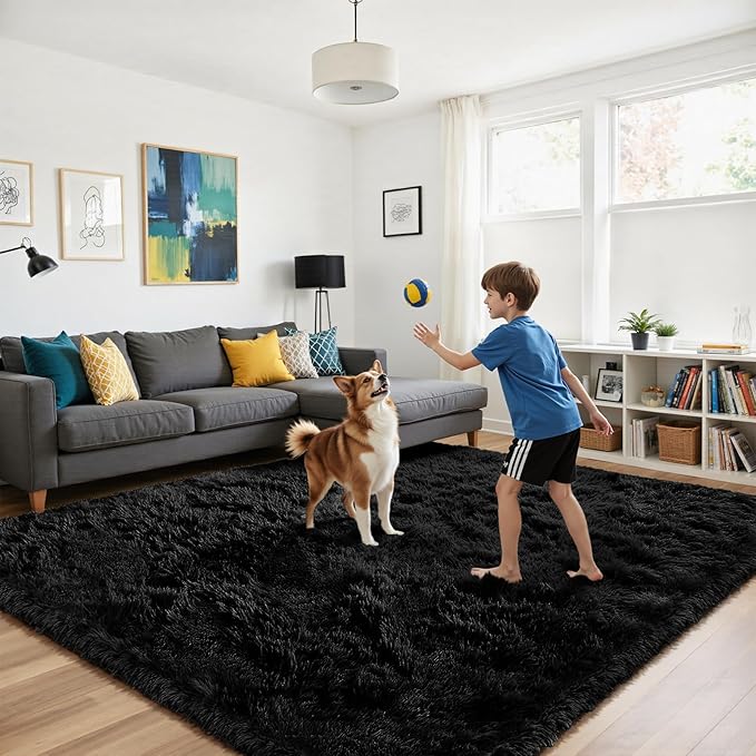 yongyangjuxin Fluffy Rug Shag Area Rug, Black 10x14 Area Rugs for Bedroom, Super Soft Shag Rugs for Living Room Bedroom Room Home Decor, Upgrade Anti-Skid Rectangular Fuzzy Rug