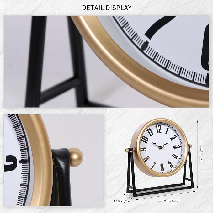 Silent Analog Desk Clock - Vintage Battery Operated Mantel | White Round Wooden, 10.4 Inch, Farmhouse Rustic Decor, Bedroom Living Room Office, No Tick Silent Gift