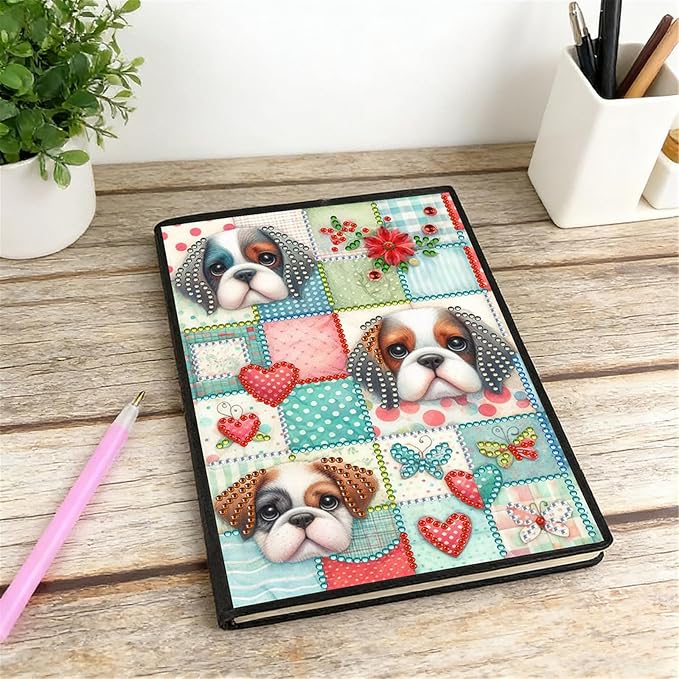 FRANDEK Diamond Art Painting Notebook Kit, Plaid Dog A5 DIY Journal with 50 Blank Pages, Crystal Rhinestone Cover with Waterproof Canvas, Beginner Craft Set with Full Tools for Adults