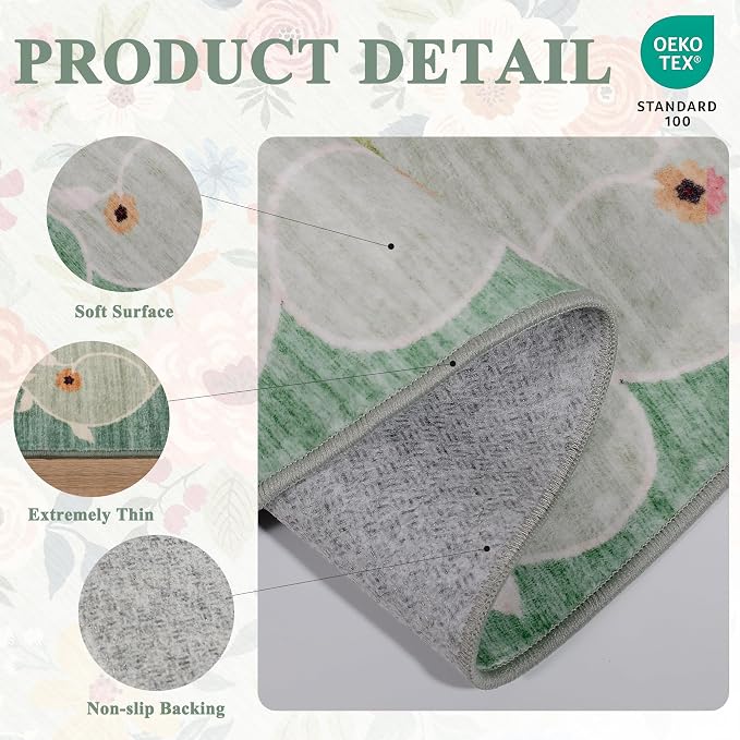 DUKINO 2x10 Kitchen Runner Rug for Hallway, Washable Runner Rug with Non Slip Backing, Low Pile Soft Boho Floral Carpet for Kitchen, Hallway, Entryway, Laundry, Bedroom, Green