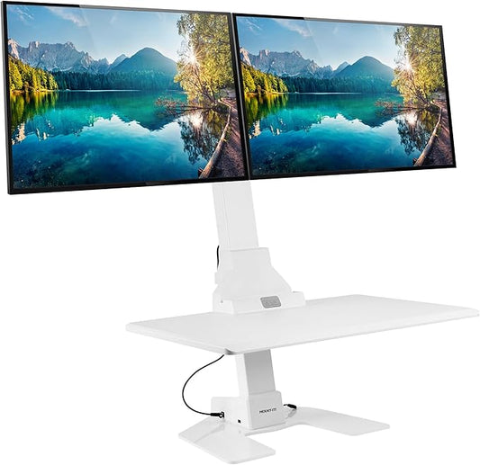 Mount-It! Electric Standing Desk Converter, Motorized Sit Stand Desk Riser with Dual Monitor Mounts, Adjustable Height Ergonomic Workstation with 28” Wide Platform and Tablet/Phone Slot, White