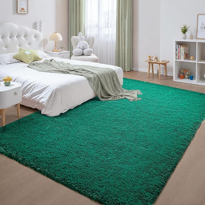 Zentavio Emerald Green Rugs for Bedroom 6x9 Dark Green Area Rugs for Living Room Fluffy Fake Grass Large Carpet for Kids Room Playroom Furry Shag Aesthetic Soft High Pile Washable Home Decor