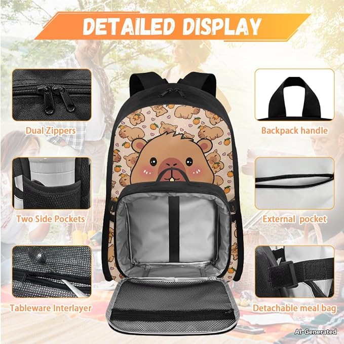 Doojoayie Kawaii Capybara School Backpack for Girls with Lunch Box Complete Set Cute Backpacks for Girls 9-10 Fashion Backpack with Multiple Compartments for Preschool Kindergarten