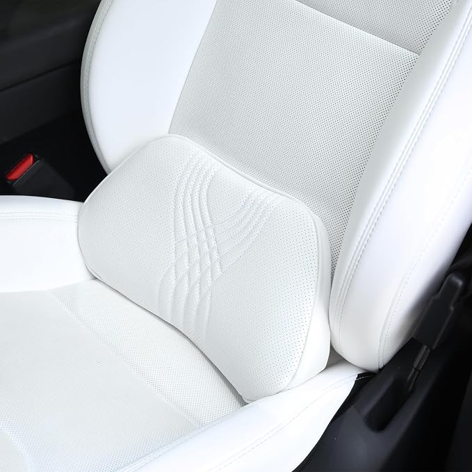 Lumbar Support Pillow for Car Seat, Office Chair, White, 1PC | Leather Lumbar Pillow Memory Foam Lower Back Cushion for Back Pain Relief Improve Posture, Ergonomic Back Rest Gaming Chair
