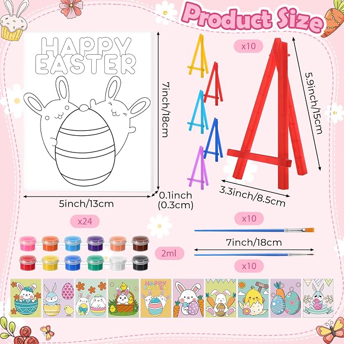 Blosssound 10 Set Easter Pre Printed Canvas Bunny Pre Drawn Canvas Painting with Easel Kits 5" x 7" Outline Painting Panels for Beginners, DIY Craft Project, Party Favor, Home Decors