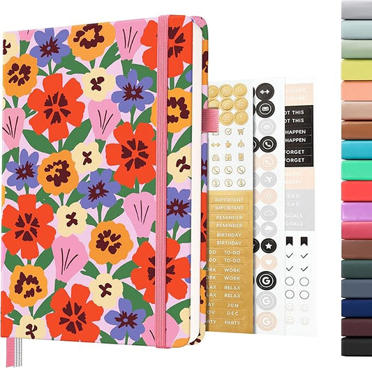 &And Per Se Dotted Journal Notebook, A5 Hardcover Aesthetic Dotted Notebook – 160 Pages 100gsm Thick Dot Grid Paper, 3 Sticker Sheets – Gift-Ready Journaling Kit for Women (Elegant Florals)