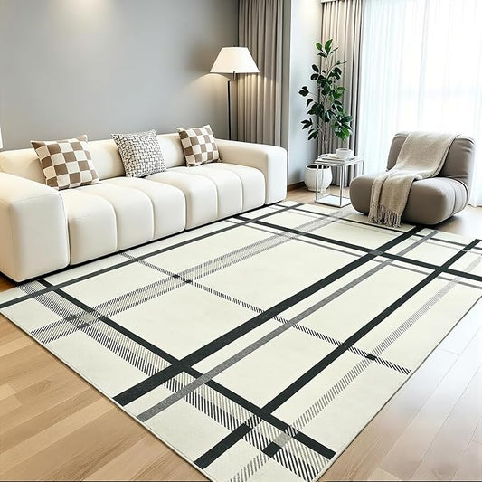 Terrug Plaid Area Rug for Living Room, Beige 5x7 Checkered Rugs Washable with Non Slip for Bedroom, Soft Low Pile Stain Resistance Abstract Carpet for Dinning Room