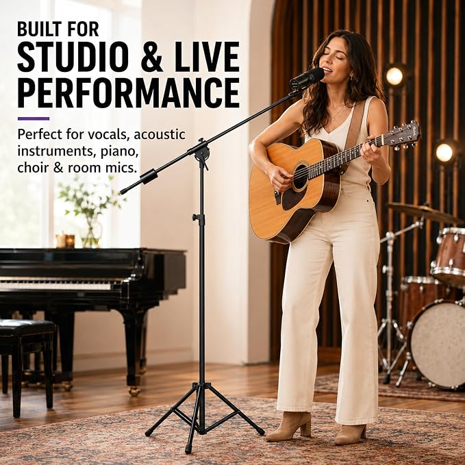 LyxPro SMT-1 Professional Microphone Stand Heavy Duty 93” Studio Overhead Boom Stand 76” Extra Long Telescoping Arm Mount, Foldable Tripod Legs & Adjustable Counterweight | OVERHEAD STUDIO BOOM STAND: Tall 93 inch mic stand with 76 inch boom for drums,...