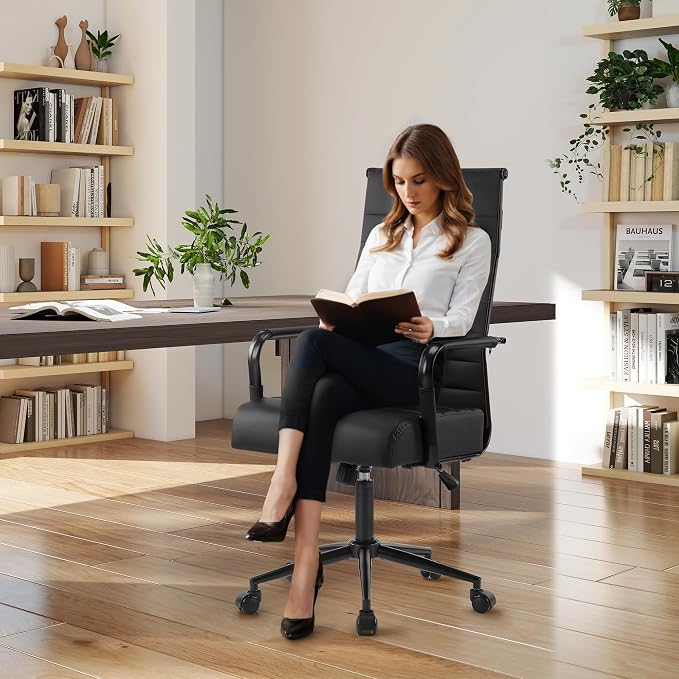 JOMEED Office Desk Chair,Conference Room Chair,High Back PU Leather Swivel | Modern Executive Ribbed Design, Ergonomic, Height Adjustable, Wheels and Arms, for Home Office(Black-Black Frame)
