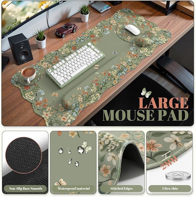 iCasso Desk Mat Set,Large Mouse Pad with Wrist Rest, Back to School Ergonomic Keyboard Wrist Support for Women, Floral Computer Mat with Scalloped Edges,Non-Slip Desk Pad Home Office Gaming (Green)