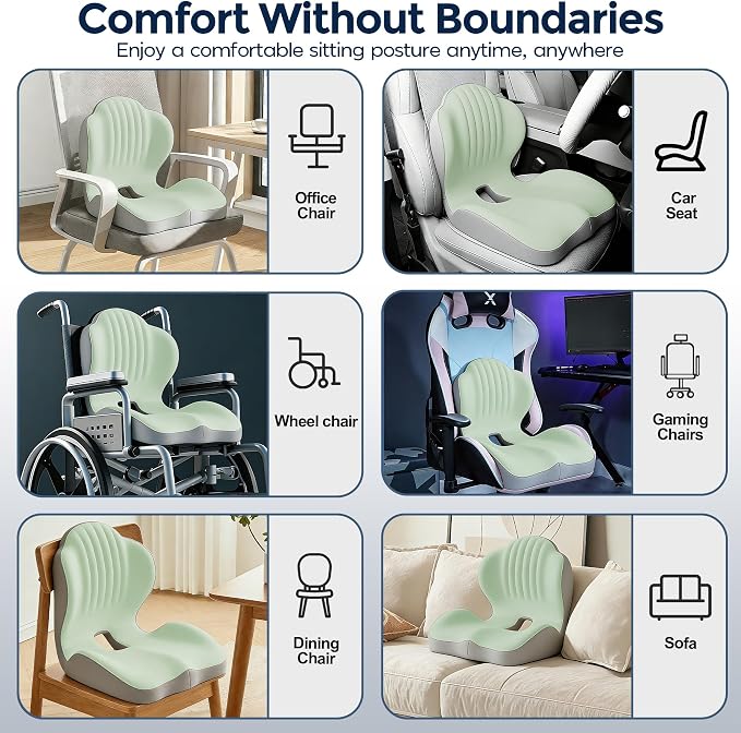 Seat Cushion for Office Chair Car, L-Shaped Ergonomic Seat Cushions,Memory Foam Orthopedic Cushion with Coccyx Hollow,Lumbar Support & Tailbone Pain Relief for Car, Truck, Home,Green & Gray