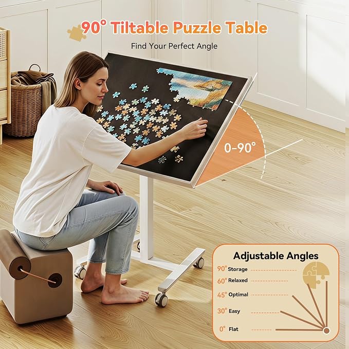 JYLH JOYSEEKR 1500 Pcs Puzzle Table with 4 Drawers, 33.8"×25.8" Metal Frame | 90° Tilt & Height Adjustable Jigsaw Puzzle Board on Wheels & Cover, Drafting Desk, Gift for Adults, Puzzle Lover, White