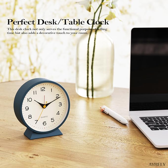 AYRELY® 4.5" Analog Alarm Clock, Small Retro Desk Clock and Table Clock | Battery Operated, Silent Metal Table Clock with Light for Living Room Decor, Bedroom, Bedside and Shelf (Blue)