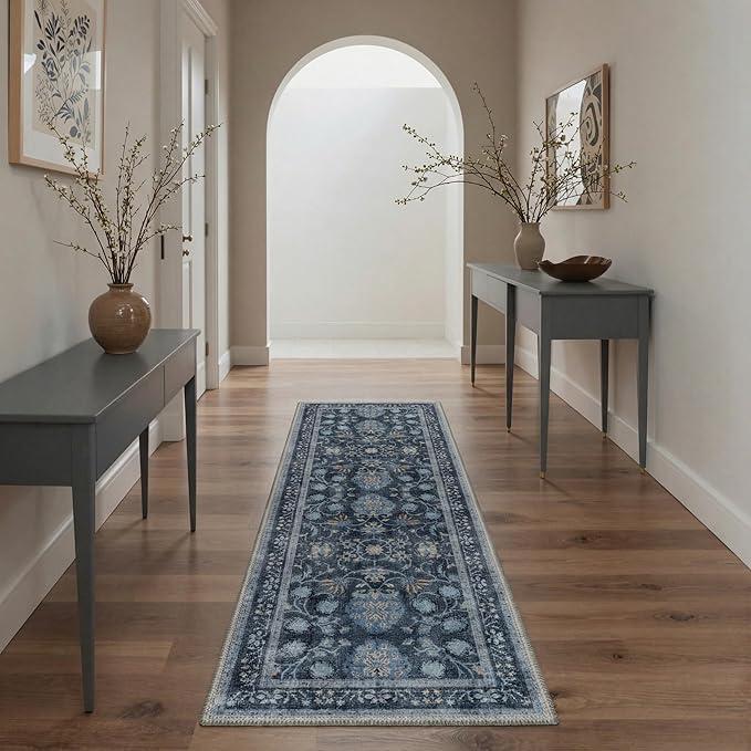 GENIMO Kitchen Rug Sets of 2, Non-Slip Washable Low-Pile Kitchen Mats for Floor, Waterproof Kitchen Runner Rug, for Hallway, Laundry, Sink, Entryway, Bathroom, 20"x32"+20"x48", Navy Blue