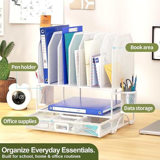FANXIYQ Metal Desk Organizer with Sliding Drawer, 7-Section File Organizer for Desk, Desktop File Folder & Paper Organizer with 2 Hanging Pen Holders, Office Supplies Organizer, White