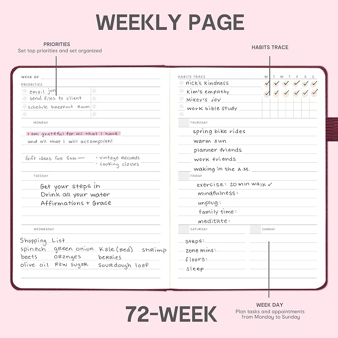 And Per Se Undated Planner, Weekly & Monthly Planner with Goal & Habit Tracker, A5 Leather Hardcover Productivity Journal for Academic Year (Dark Red)