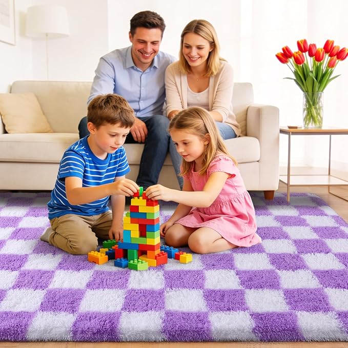 Area Rugs for Living Room 9x12, Ultra Fluffy Shag Checkered Rug Modern Washable Carpet Soft Shaggy Non Slip Indoor Plush Fuzzy Rugs for Bedroom Dorm Office Home Aesthetic Decor, White and Purple