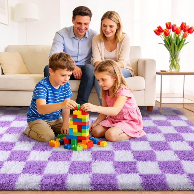 Area Rugs for Living Room 8x10, Ultra Fluffy Shag Checkered Rug Modern Washable Carpet Soft Shaggy Non Slip Indoor Plush Fuzzy Rugs for Bedroom Dorm Office Home Aesthetic Decor, White and Purple