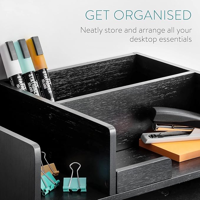 Navaris Bamboo Desk Organizer - Desktop Table Storage Drawers and Compartments for Organizing Stationery, Documents, Files, Office Accessories - Black