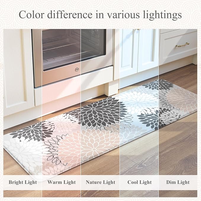 KIMODE Half Circle Anti Fatigue Mats for Kitchen Floor Rug Sets of 3 | 18"x28+18"x47"+18"x59",Pink,Dahlia Floral Boho,Half Round,3PCS,Non Slip,Waterproof,for Sink Office Laundry Bathroom Decor