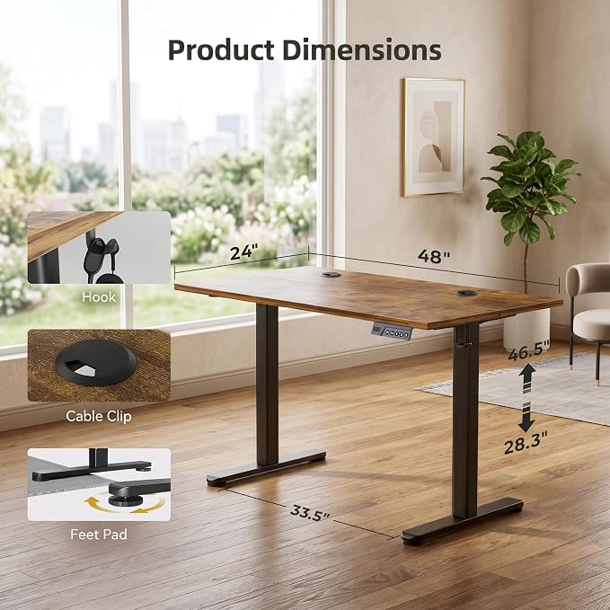 Claiks Electric Standing Desk, 48x24 Inch, Rustic Brown | Adjustable height for sit-stand, 156lbs capacity, scratch-resistant surface, 3 memory presets, cable management & hook.