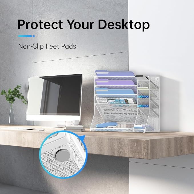 Wall File Organizer, 5-Tier Desk Organizer with 4 Pen Slots, Hanging Wall File Folder Holder with R-shaped Bottom Tray, Mesh Versatile Mail Holder Desk Organization for Office, White