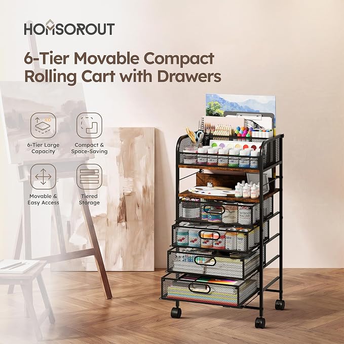 Rolling Art Cart with 4 Drawers, Rustic | Art Supplies Organizer, 5-Tier Storage, Adjustable Dividers, Anti-Pull Mesh Drawers, Metal Frame, 4 Casters with 2 Locks