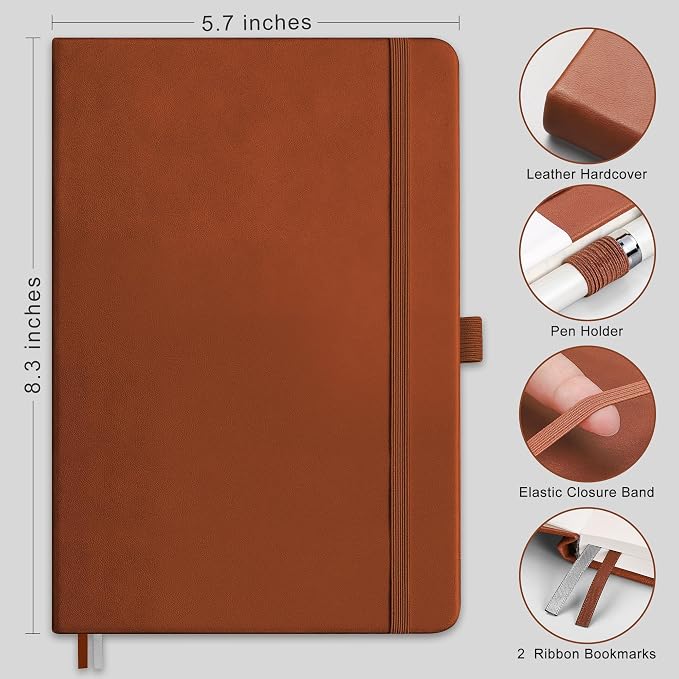 AHGXG Blank Journal Notebook, 160 Pages, A5 Medium Size (5.7'' x 8.3''), 120 GSM Thick Paper, Leather Hardcover, for Sketching, Drawing, Painting (Brown)