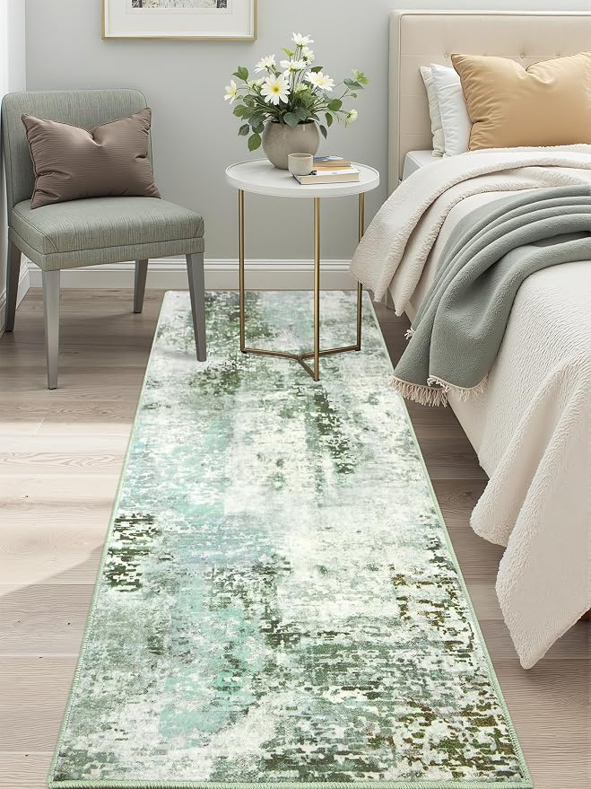 Macgace Washable Abstract Runner Rug, 2x6 Modern Area Rugs with Non-Slip Rubber Backed for Kitchen, Thin but Soft Contemporary Carpet Bedroom Entryway Hallway Decor, Green