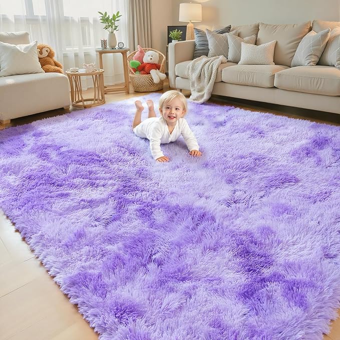 Area Rugs 9x12 Living Room,Large Area Rug Shaggy Carpet Soft Plush Furry Bedside Rug, Machine Washable Area Rugs for Bedroom Home Decor Non-Slip(9 x 12, Purple Starry)