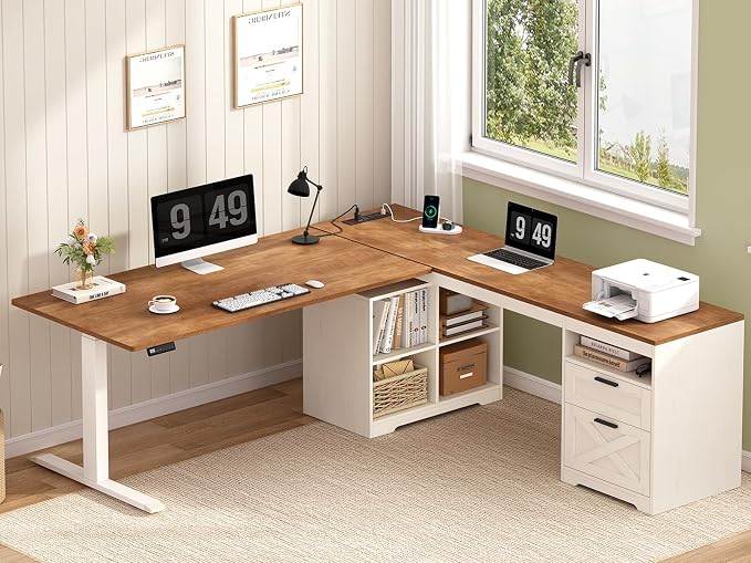 66 inch Farmhouse L Shaped Standing Desk with Storage for Home Office | Corner Electric Standing Desk with Drawers ＆ Storage Shelves, Height Adjustable Desk with Power Outlets, Antique White