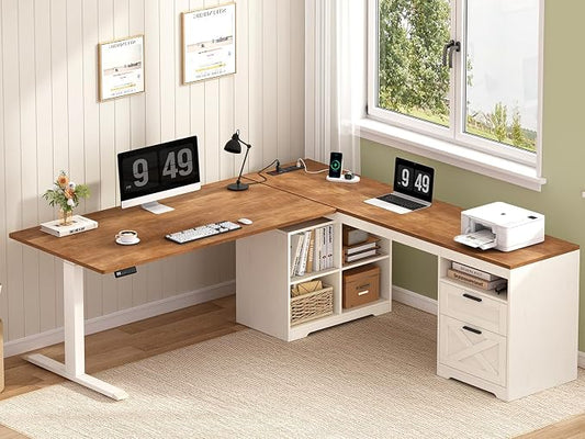 66 inch Farmhouse L Shaped Standing Desk with Storage for Home Office | Corner Electric Standing Desk with Drawers ＆ Storage Shelves, Height Adjustable Desk with Power Outlets, Antique White