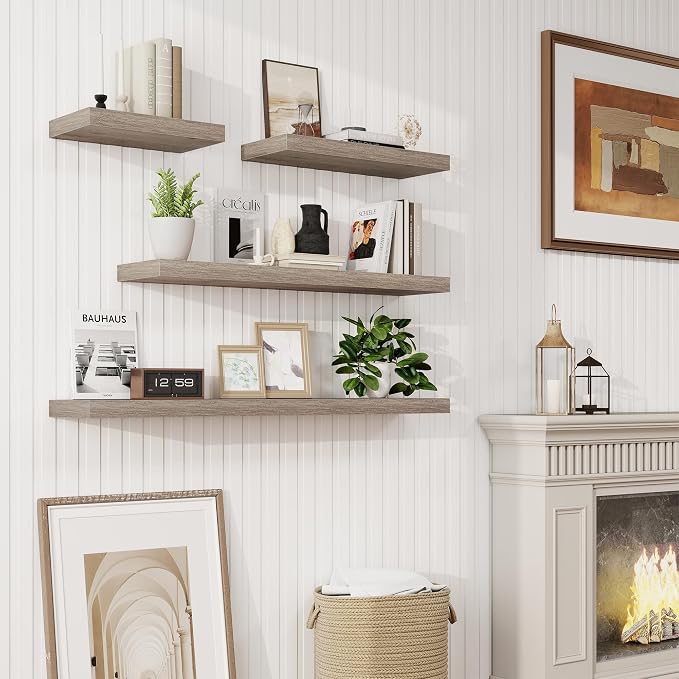32in Floating Shelves for Wall, 32"W x 9.25"D x 1.25"H, 2 Pack Long Wall Mounted Engineered Wood Shelves with Invisible Brackets for Living Room, Bedroom, Bathroom, Kitchen Decor and Storage, Grey