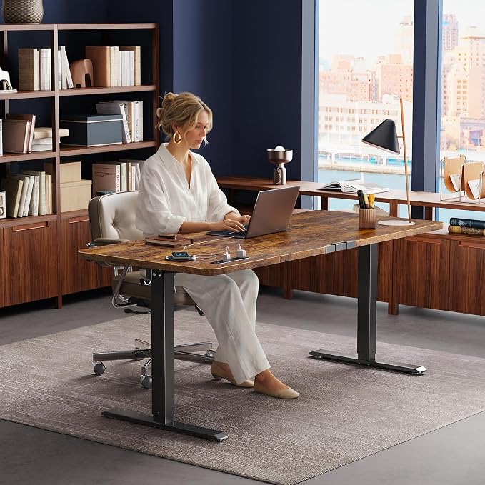 Huuger 63 X 24 Inch Electric Standing Desk with Power Outlets and USB-C Port, Height Adjustable Desk, Sit Stand Desk for Home Office, Computer & Gaming Desk with 4 Presets, Rustic Brown