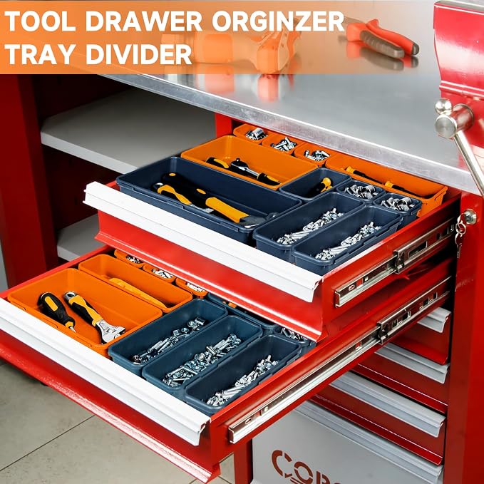 Tool Box Organizer Tray, 60 PCS & 5 Sizes, Blue and Orange | Upgraded Tool Drawer Organizer, Scratch-Resistant Plastic, Interlocking Design, Toolbox Organization for Rolling Tool Chest