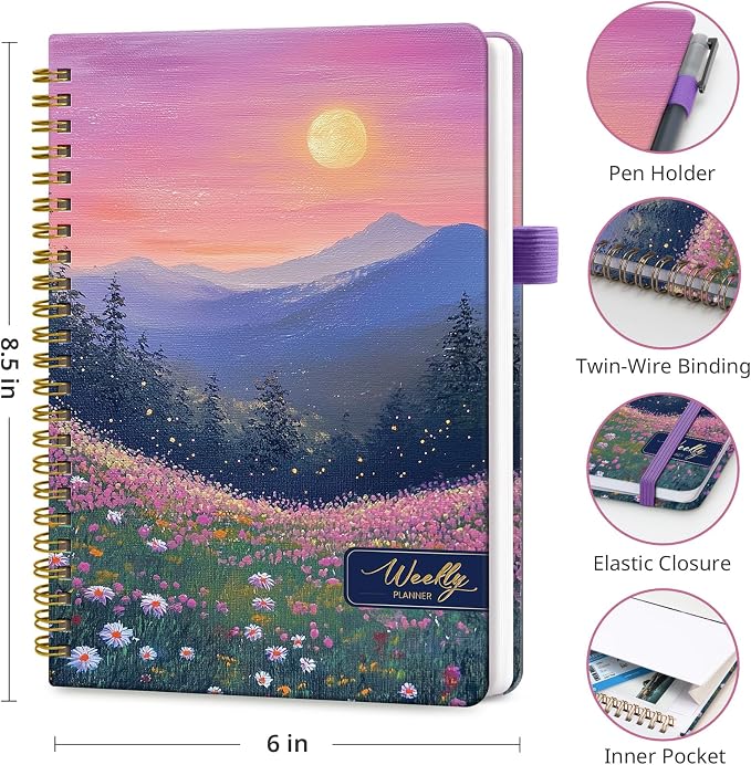 Taja Undated Weekly Planner, Weekly To Do List Notebook with Goal & Habit Tracker Organizer, A5 Weekly Planner Notebook with Spiral Binding, 6.1" x 8.2" - Twilight Bloom
