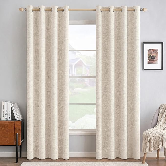 MIULEE 100% Blackout Linen Textured Curtains for Bedroom Solid Thermal Insulated Cream Beige Grommet Room Darkening Curtains & Drapes Luxury Decor for Living Room 52 x 108 Inch (2 Panels)