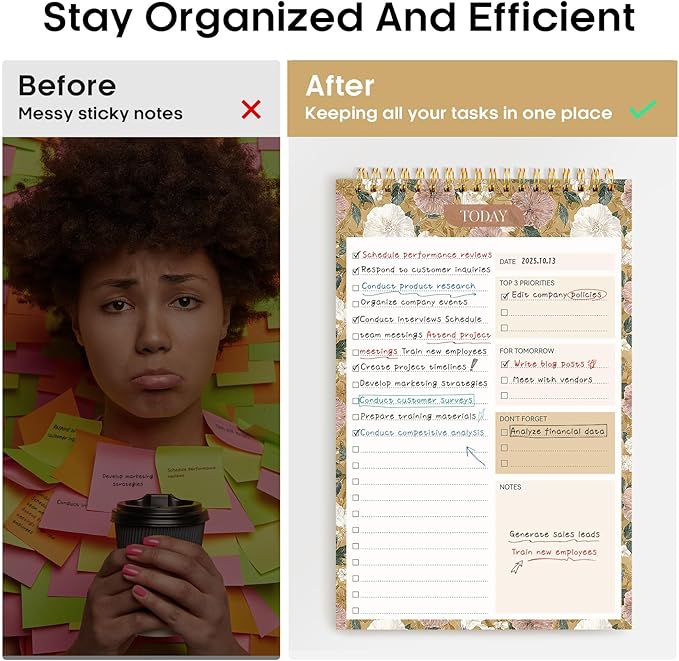 Taja To Do List Notepad - To Do List Notebook for Work with 52 Sheets, 9.8" x 6.5", Undated Daily Planner Perfect for Daily Tasks and Goal Setting, Notepad Suitable for Office, Home & School - Toffee Blossom