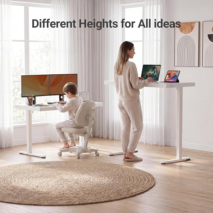 Claiks Touch Screen Glass Standing Desk with Drawers and USB Ports, 48×24 Inch Adjustable Stand Up Desk, Quick Install Home Office Glass Top Computer Desks, White