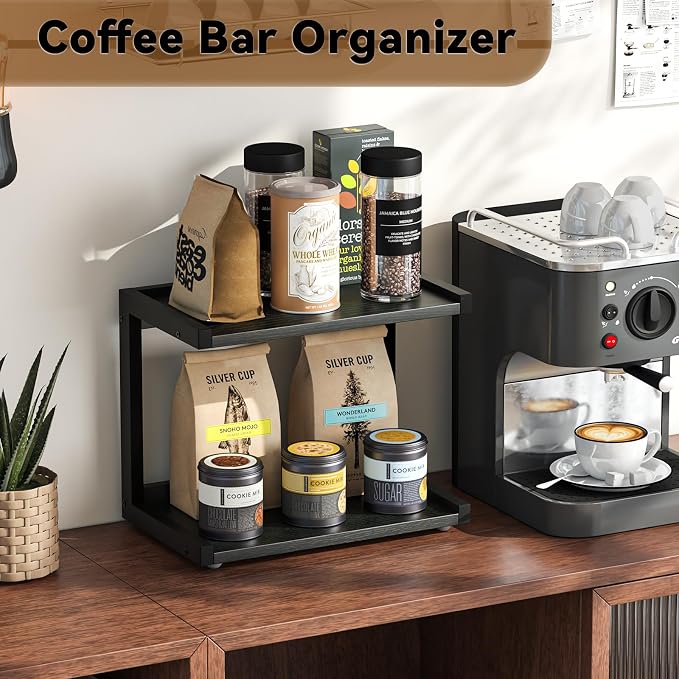 MARTY Kitchen Counter Shelf Organizer, 2 Tier Coffee Station/Bar Organizer | Spice Rack for Countertop, Mugs Cups, Desk Shelf Riser, Bathroom Counter Organizer, Wood+Metal, Black