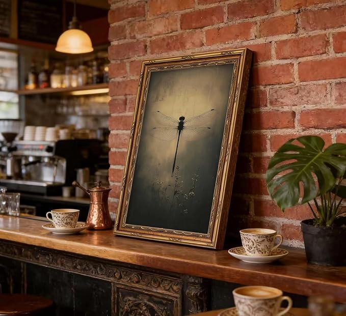 Vintage Gold Framed Wall Art Retro Dark Dragonfly Painting Canvas Prints Gothic Insect Picture Wall Decor Rustic Farmhouse Animal Poster Artwork for Living Room Bedroom Bathroom, 16x24in